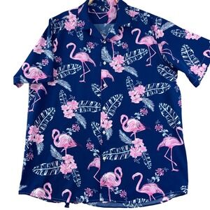 Flamingo Hawaiian Camp Shirt Men XL Tropical Resort Vacation Button Up Navy Pink